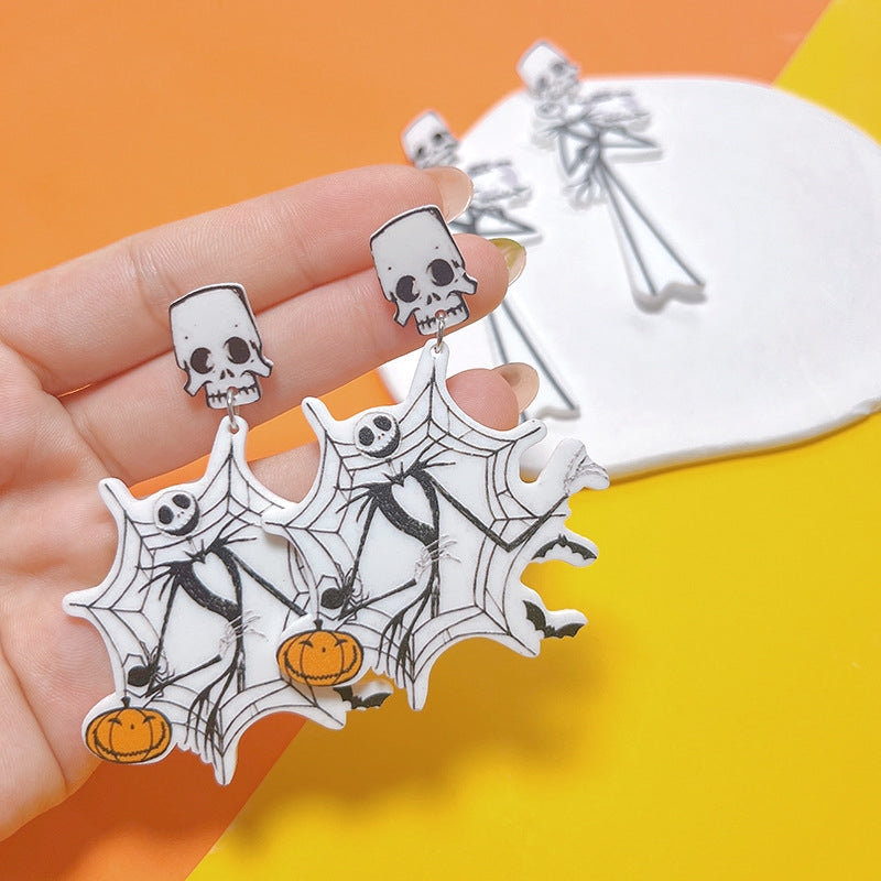 1 Pair Hip-hop Punk Pumpkin Spider Web Skull Arylic Drop Earrings