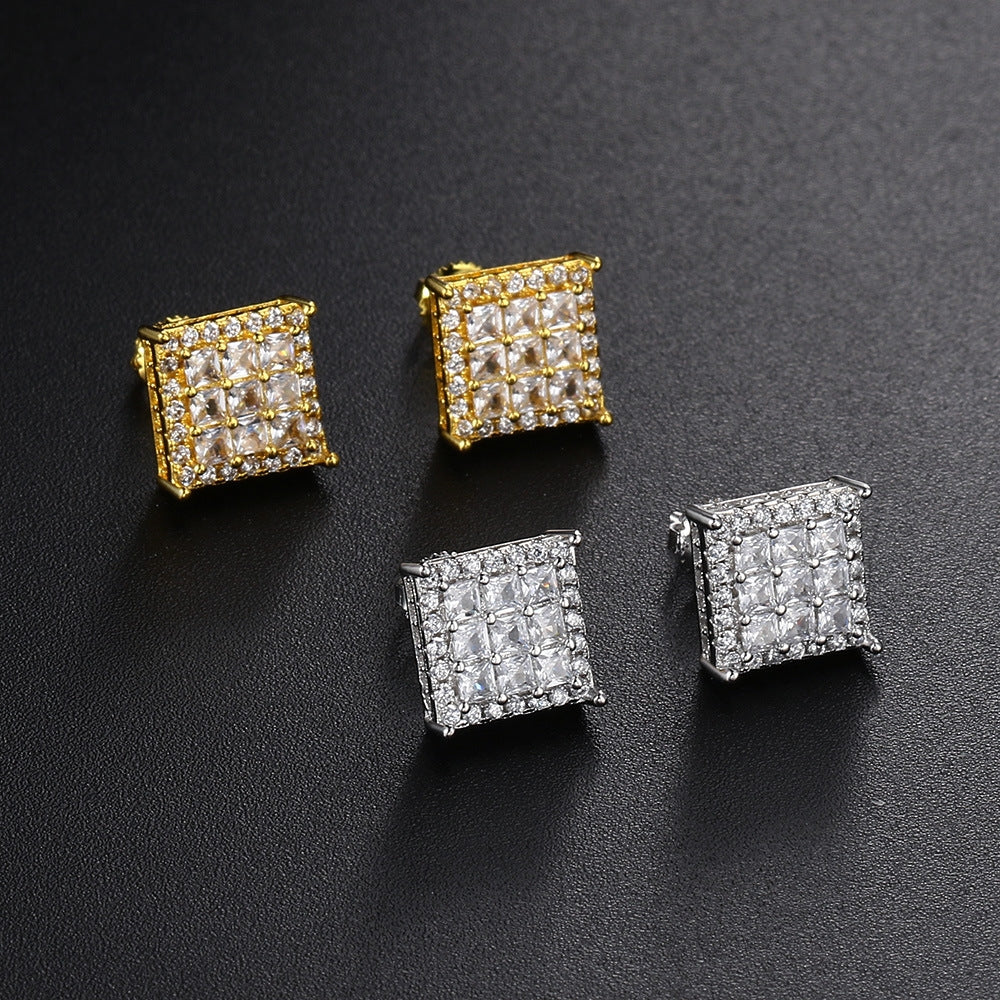 Hip-hop Square Copper Zircon Stud Earrings