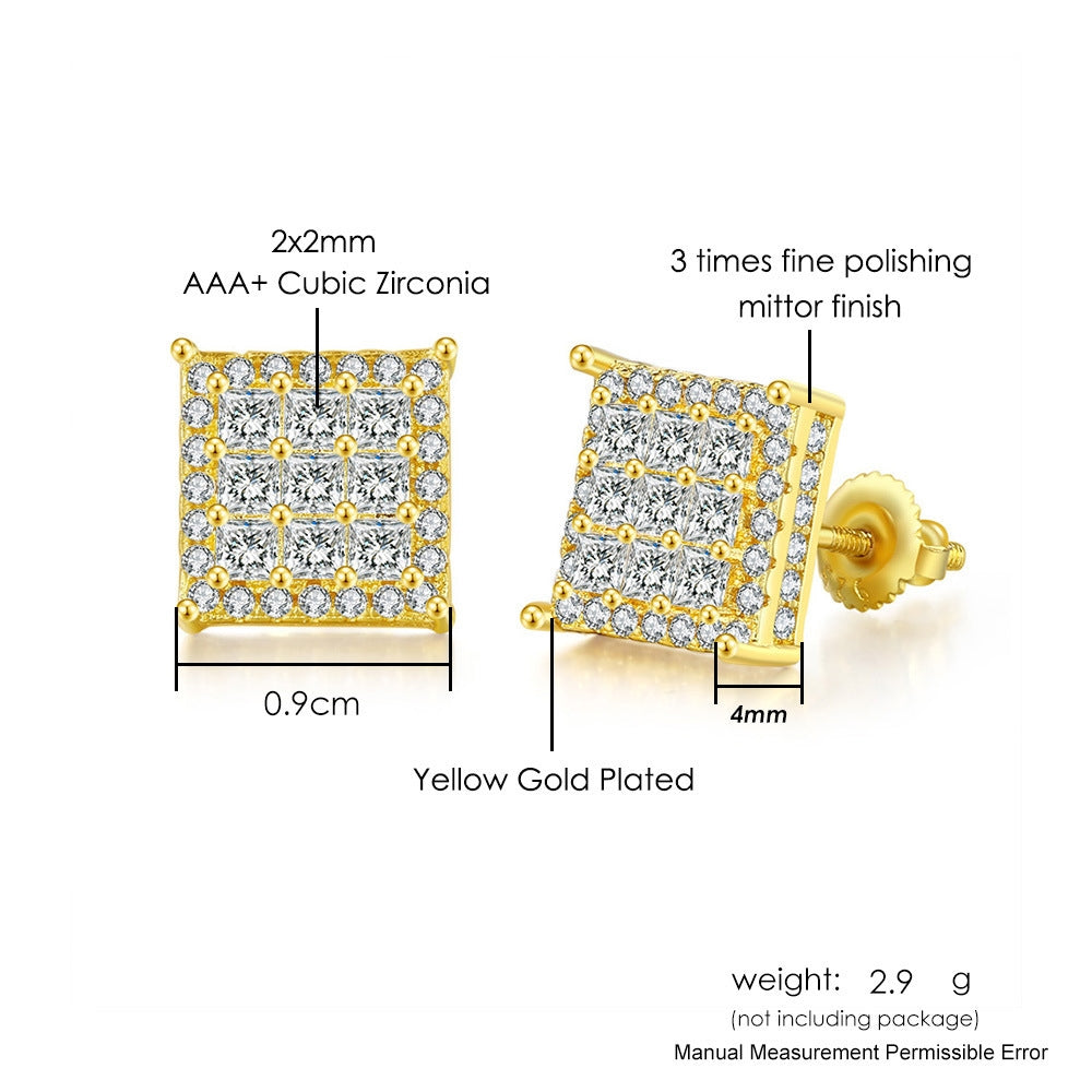 Hip-hop Square Copper Zircon Stud Earrings