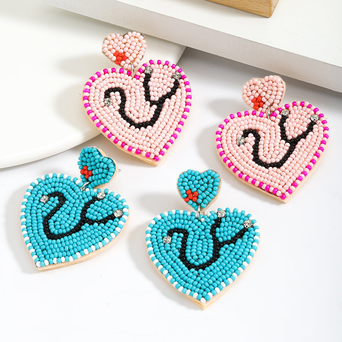 IG Style Heart Shape Beaded Rhinestone Drop Earrings