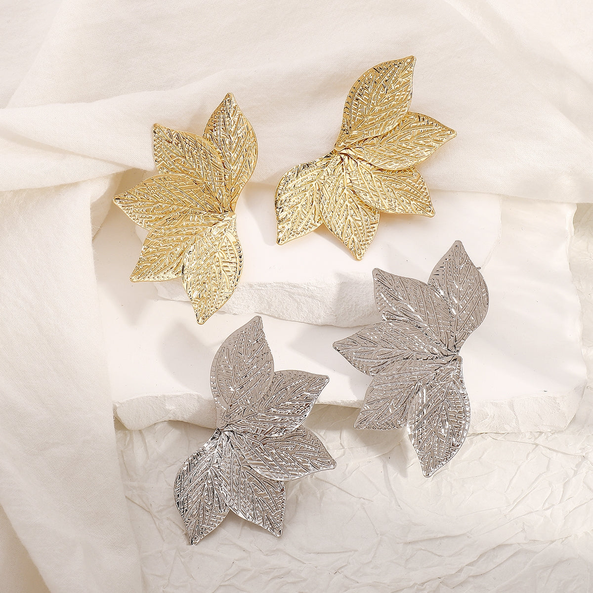 IG Style Geometric Leaf Texture Metal Stud Earrings