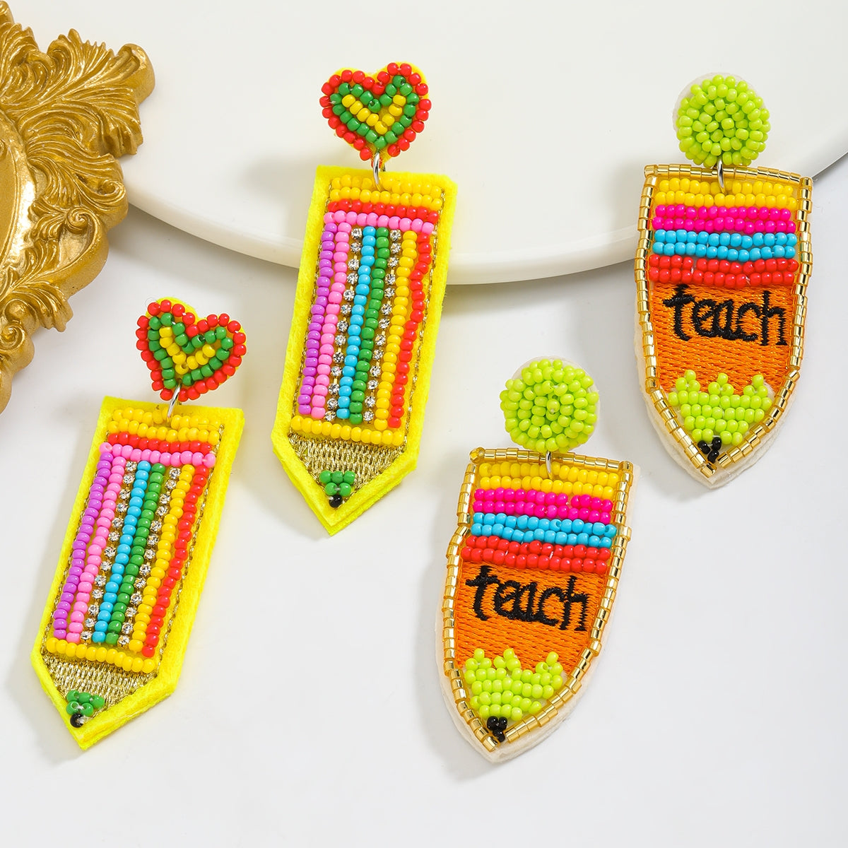 IG Style Cute Letter Beaded Pencil Drop Earrings - Handmade Colorful Seed Bead Jewelry for Teachers