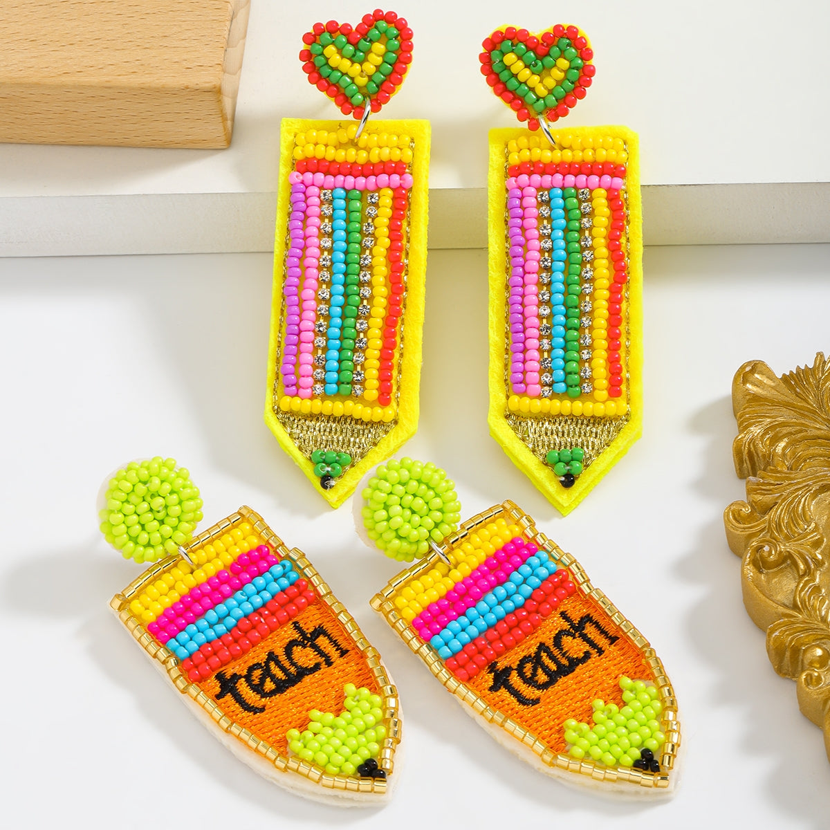 IG Style Cute Letter Beaded Pencil Drop Earrings - Handmade Colorful Seed Bead Jewelry for Teachers