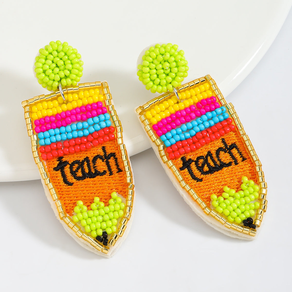 IG Style Cute Letter Beaded Pencil Drop Earrings - Handmade Colorful Seed Bead Jewelry for Teachers