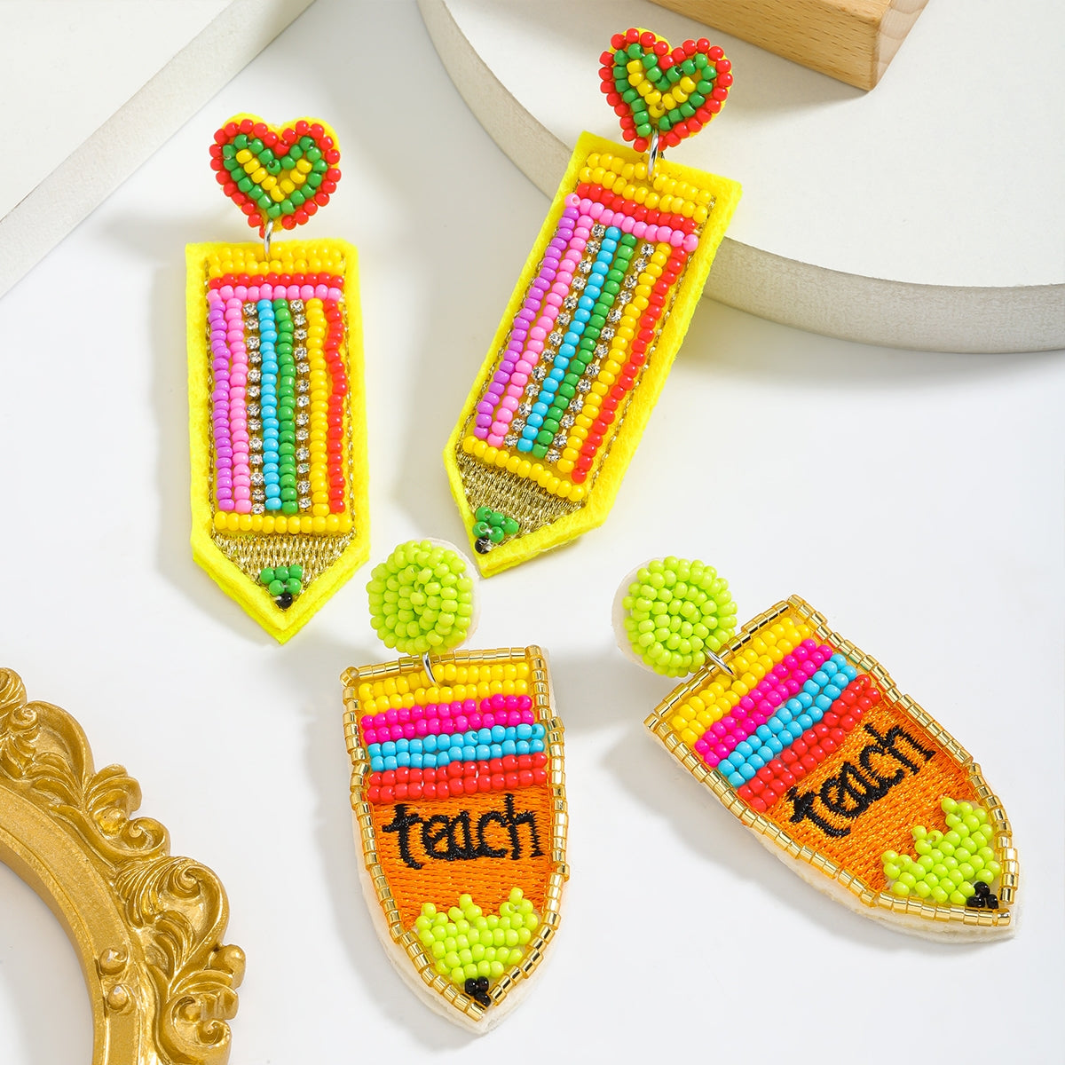 IG Style Cute Letter Beaded Pencil Drop Earrings - Handmade Colorful Seed Bead Jewelry for Teachers