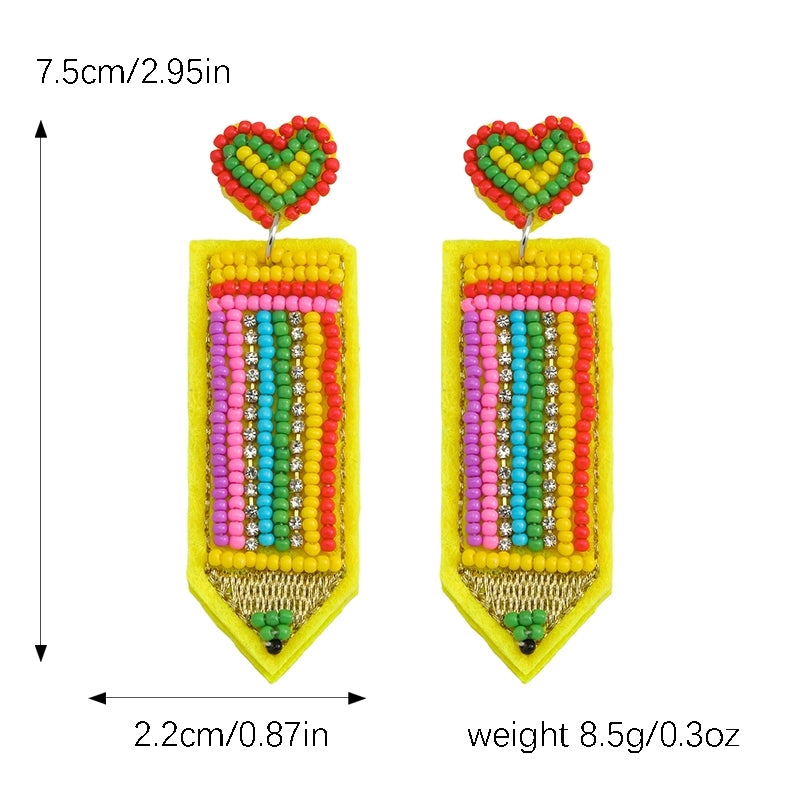 IG Style Cute Letter Beaded Pencil Drop Earrings - Handmade Colorful Seed Bead Jewelry for Teachers