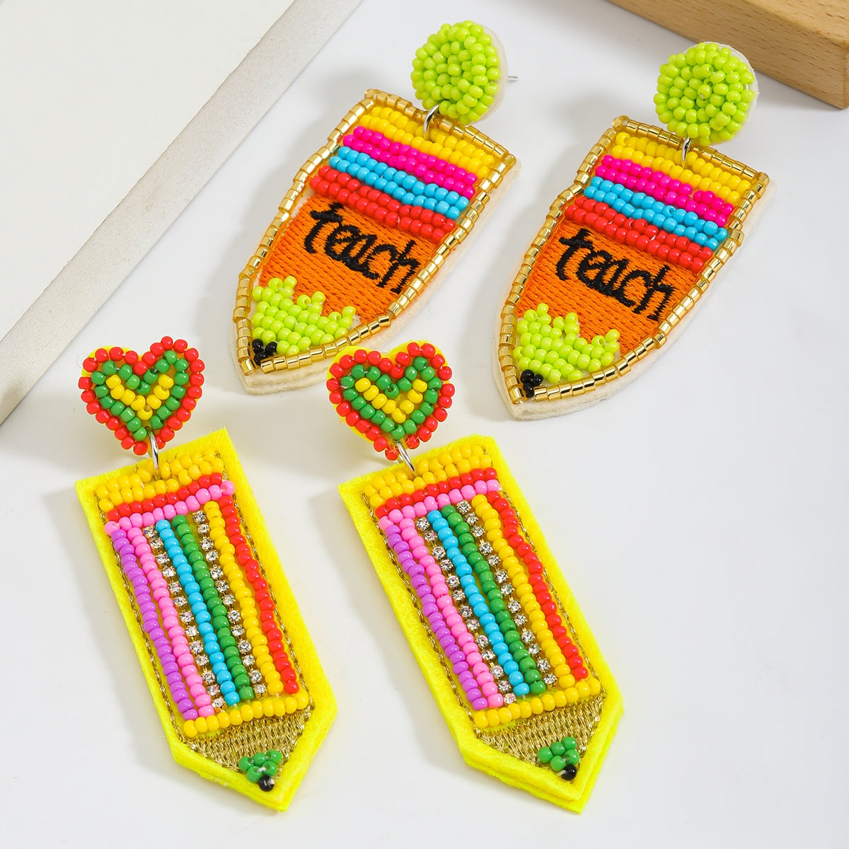 IG Style Cute Letter Beaded Pencil Drop Earrings - Handmade Colorful Seed Bead Jewelry for Teachers