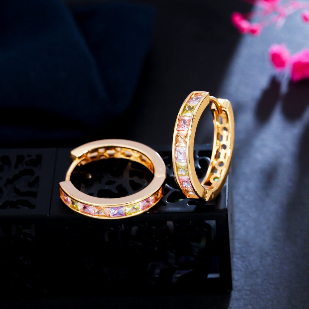 IG Style Elegant Zircon Inlay Circle Earrings - Colorful Geometric Hoops