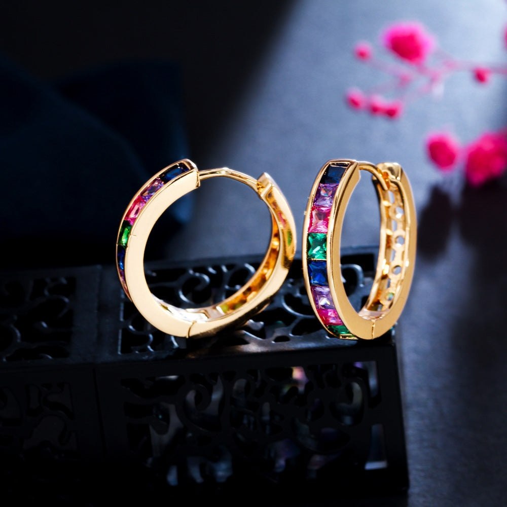 IG Style Elegant Zircon Inlay Circle Earrings - Colorful Geometric Hoops