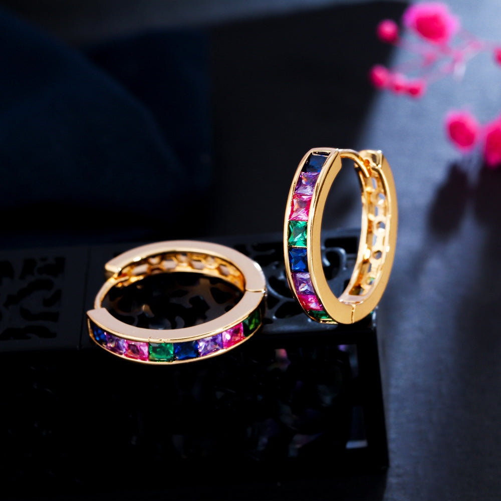 IG Style Elegant Zircon Inlay Circle Earrings - Colorful Geometric Hoops