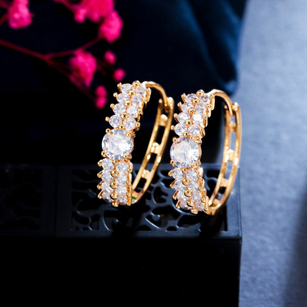 1 Pair Korean Style Double Row Zircon Crystal Inlay 14K Gold Plated Hoop Earrings