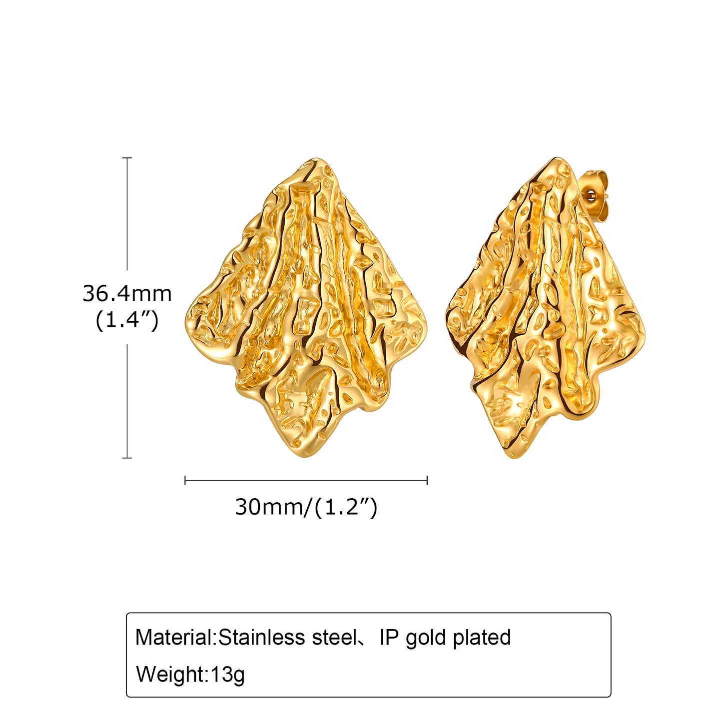 IG Style 18K Gold Plated Rhombus Pleated Stainless Steel Stud Earrings for Women