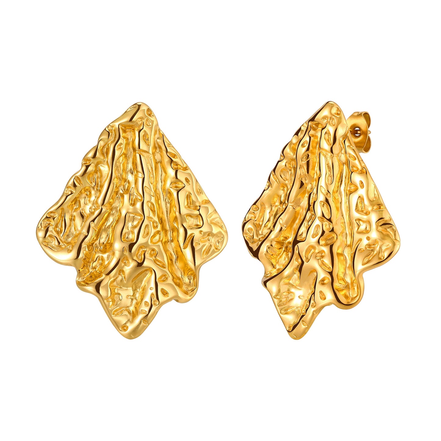 IG Style 18K Gold Plated Rhombus Pleated Stainless Steel Stud Earrings for Women