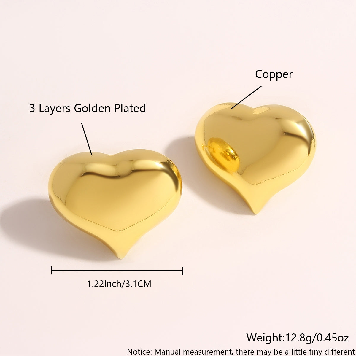 1 Pair IG Style Simple Style Heart Shape Copper 18K Gold Plated Gold Plated Ear Studs