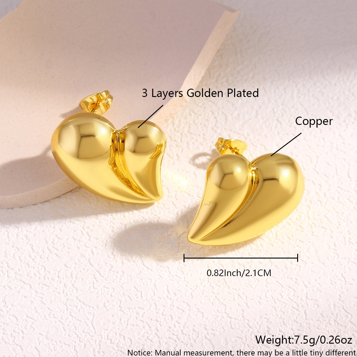 1 Pair IG Style Heart Shape 18K Gold Plated Copper Ear Studs