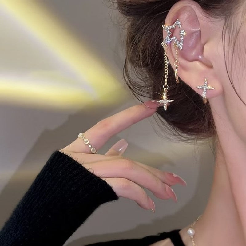 Ig Style Asymmetrical Star Moon Rhinestone Ear Cuffs with Cross Tassel Design