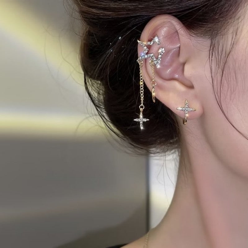 Ig Style Asymmetrical Star Moon Rhinestone Ear Cuffs with Cross Tassel Design