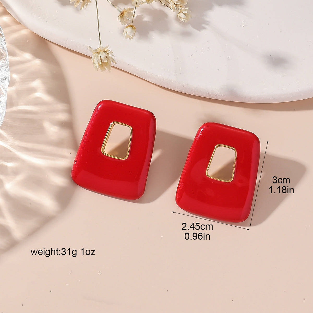 1 Pair Bridal Geometric Square Metal Drop Earrings with Red Vintage Style Studs