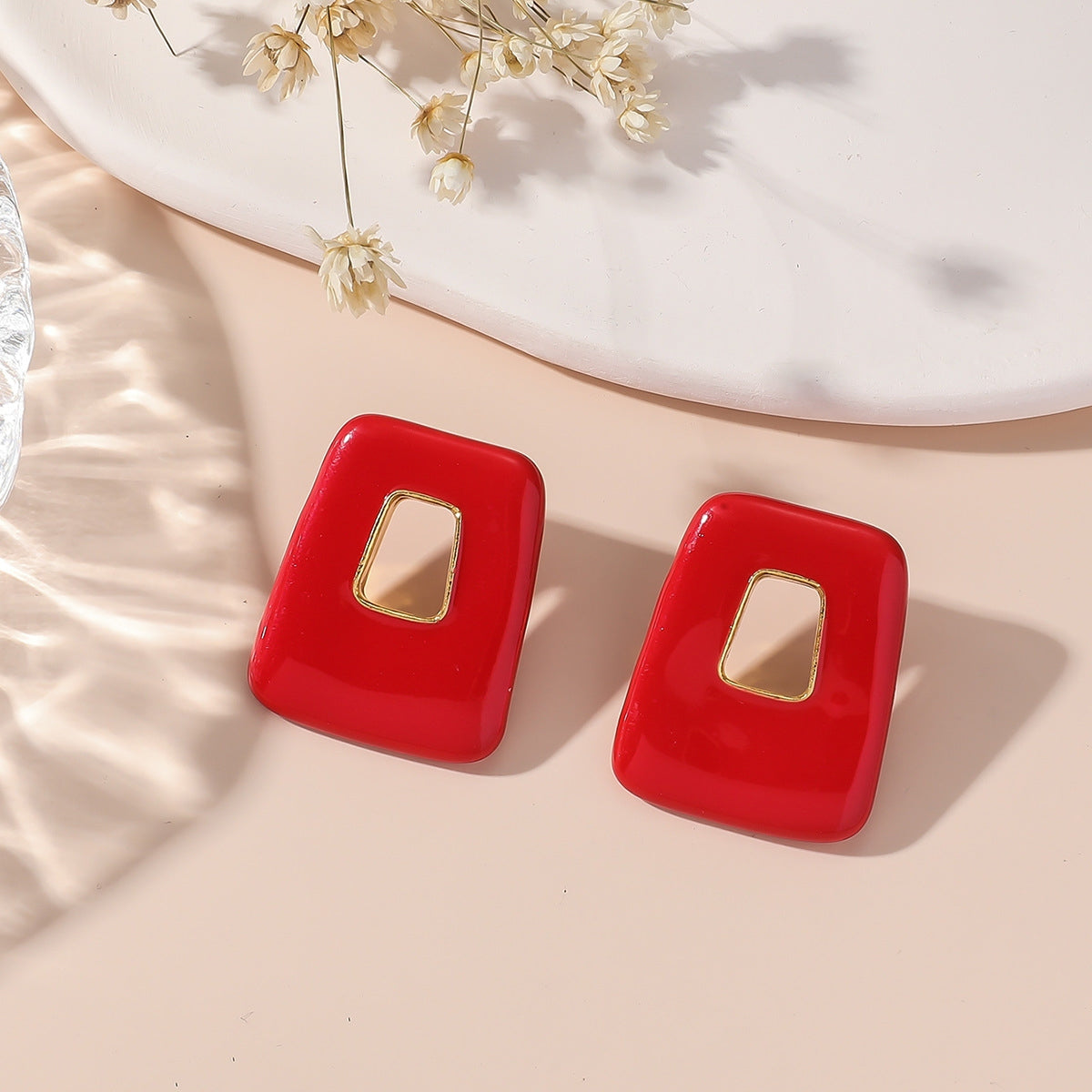 1 Pair Bridal Geometric Square Metal Drop Earrings with Red Vintage Style Studs