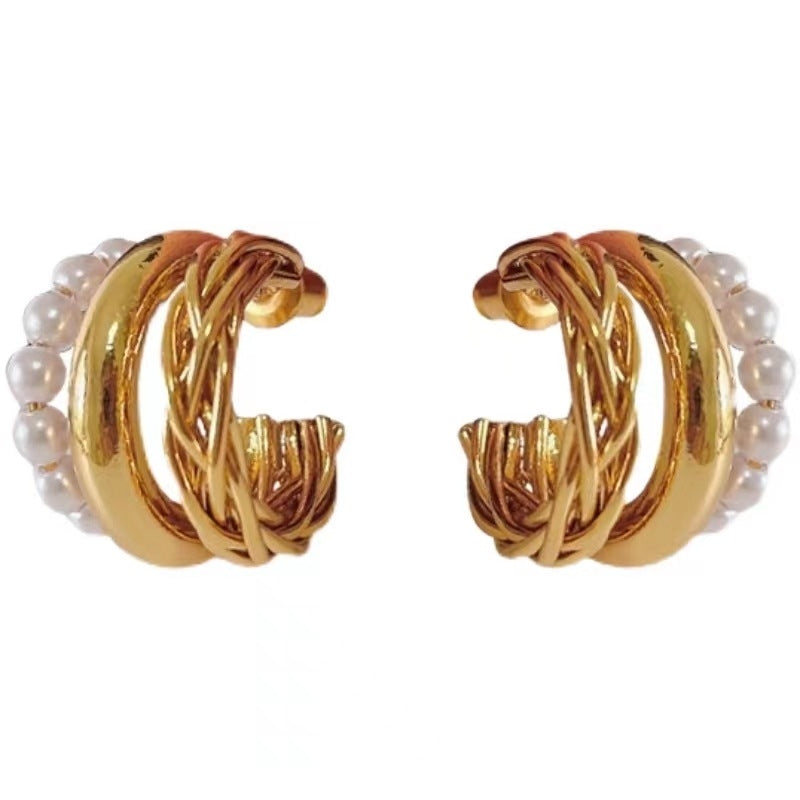 1 Pair Elegant C Shape 24k Gold Plated Copper Pearl Weave Hoop Earrings