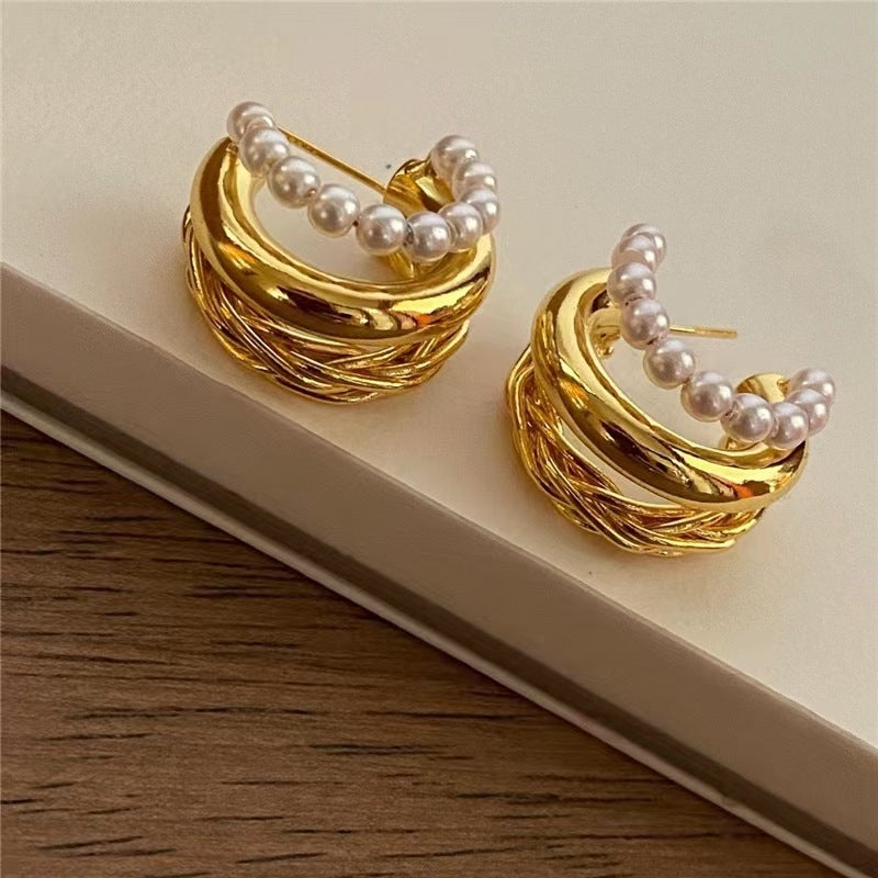 1 Pair Elegant C Shape 24k Gold Plated Copper Pearl Weave Hoop Earrings