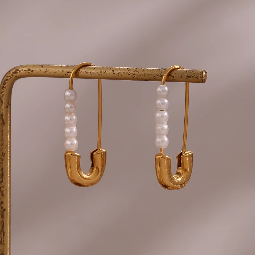 1 Pair Elegant Paper Clip Imitation Pearl Titanium Steel Earrings - Gold Minimalist Design