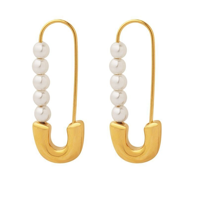 1 Pair Elegant Paper Clip Imitation Pearl Titanium Steel Earrings - Gold Minimalist Design