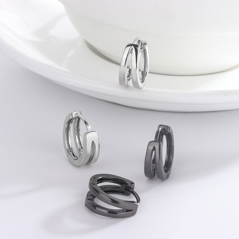 1 Pair Unisex Geometric Double Layer Sterling Silver Hoop Earrings