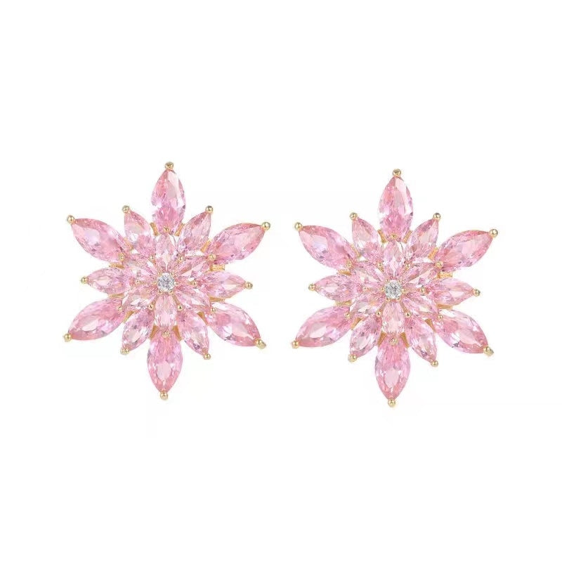 Elegant Crystal Flower Stud Earrings - Three-Color Delicate Design with Silver Needles