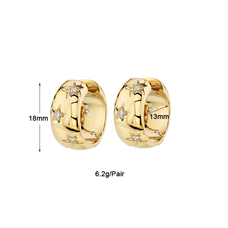 Luxurious Classic Pentagram Circle 18k Gold Plated Zircon Hoop Earrings