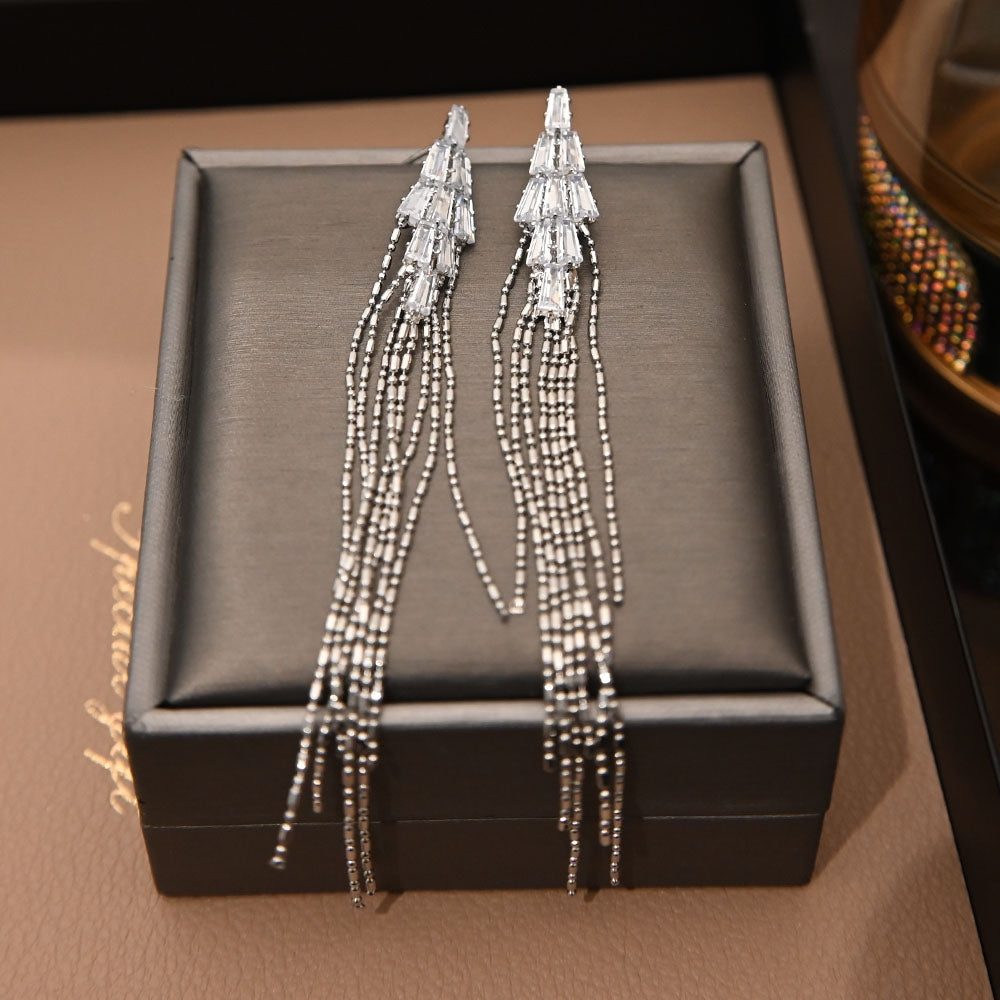 Luxurious Copper Rhinestone Inlay Long Tassel Drop Earrings for Women