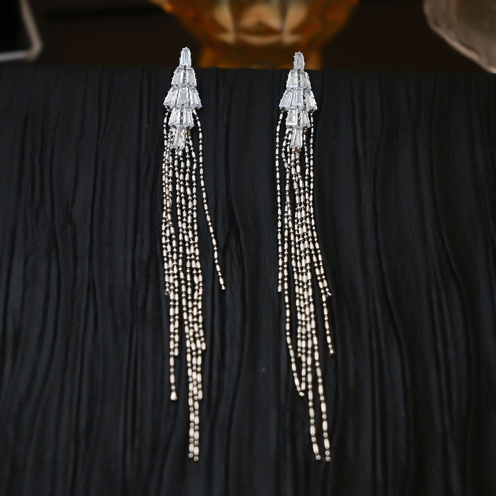 Luxurious Copper Rhinestone Inlay Long Tassel Drop Earrings for Women