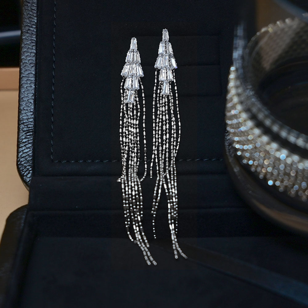 Luxurious Copper Rhinestone Inlay Long Tassel Drop Earrings for Women