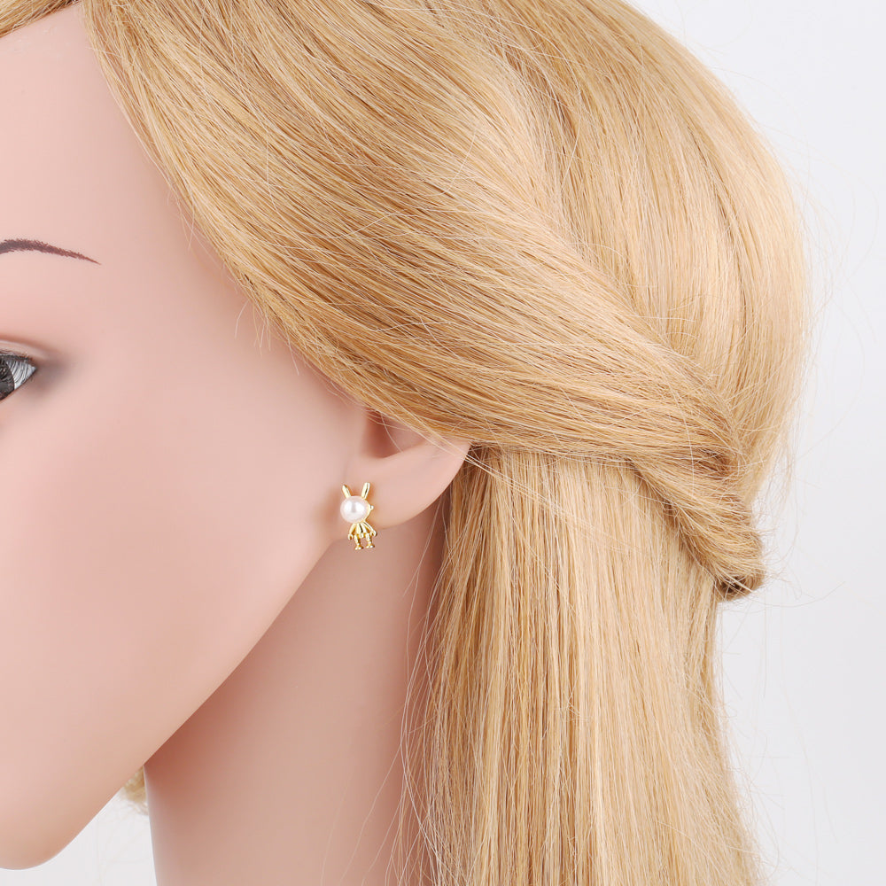 Modern Rabbit Flower Pearl Zircon 18K Gold Plated Stud Earrings