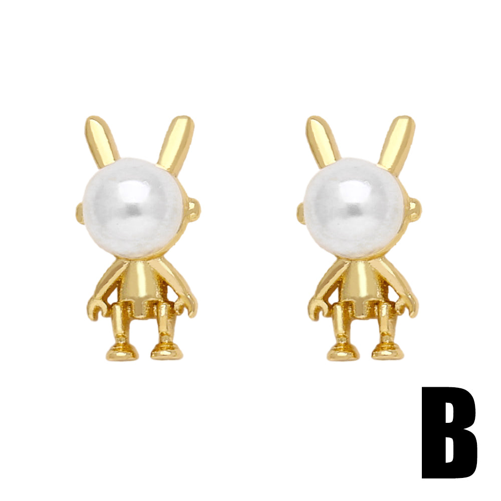 Modern Rabbit Flower Pearl Zircon 18K Gold Plated Stud Earrings