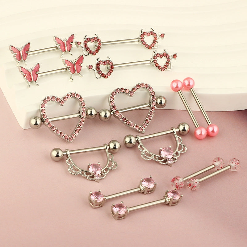 1 Pair Nipple Rings & Studs Hip-Hop Shiny Heart Shape Flower Butterfly 316 Stainless Steel  Copper Inlay Zircon Nipple Rings & Studs