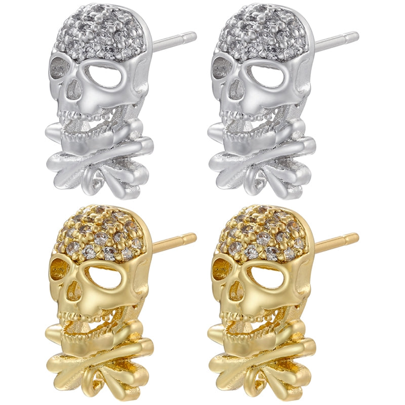 1 Pair Punk Skull Zircon Inlay 18k Gold Plated Ear Studs