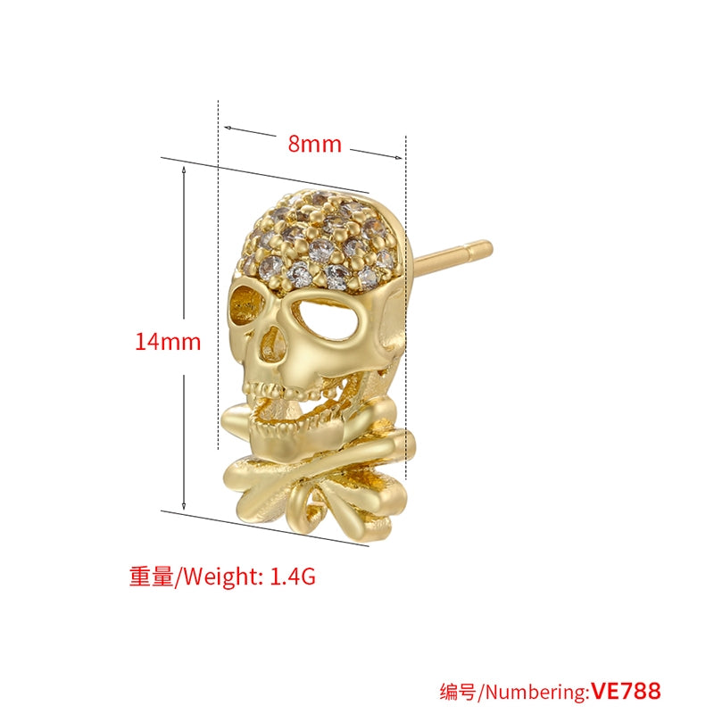 1 Pair Punk Skull Zircon Inlay 18k Gold Plated Ear Studs