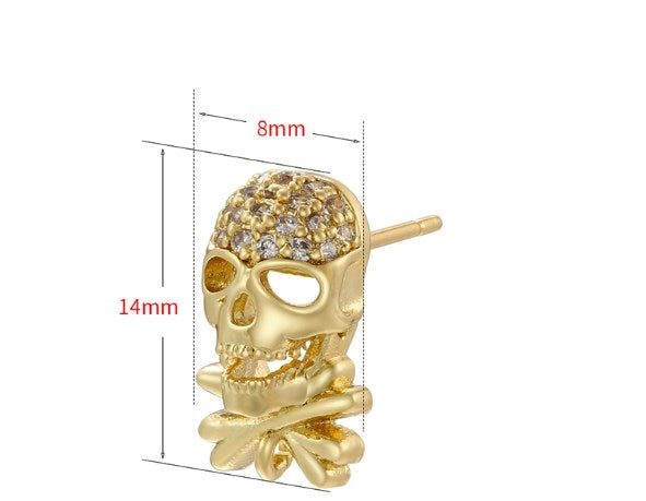 1 Pair Punk Skull Zircon Inlay 18k Gold Plated Ear Studs