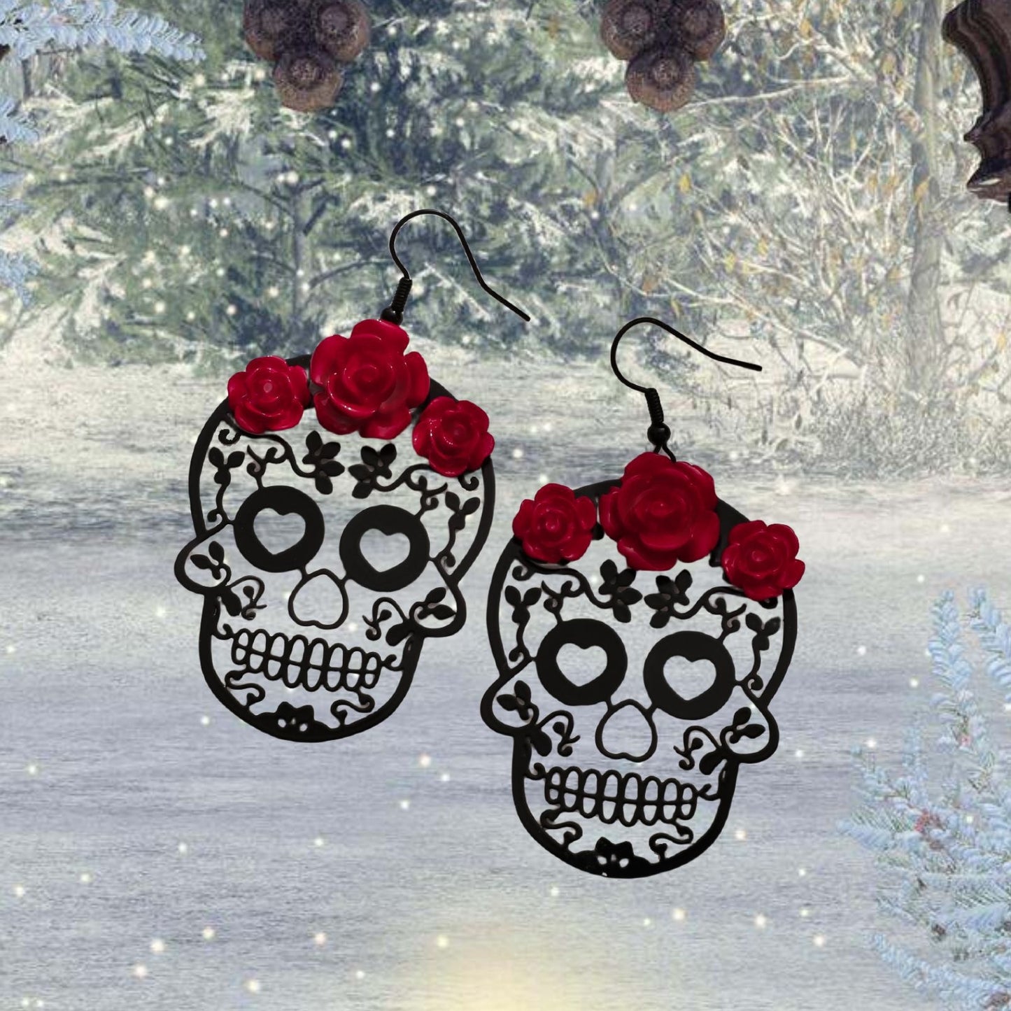 Gothic Rose Heart Skull Hollow Drop Earrings