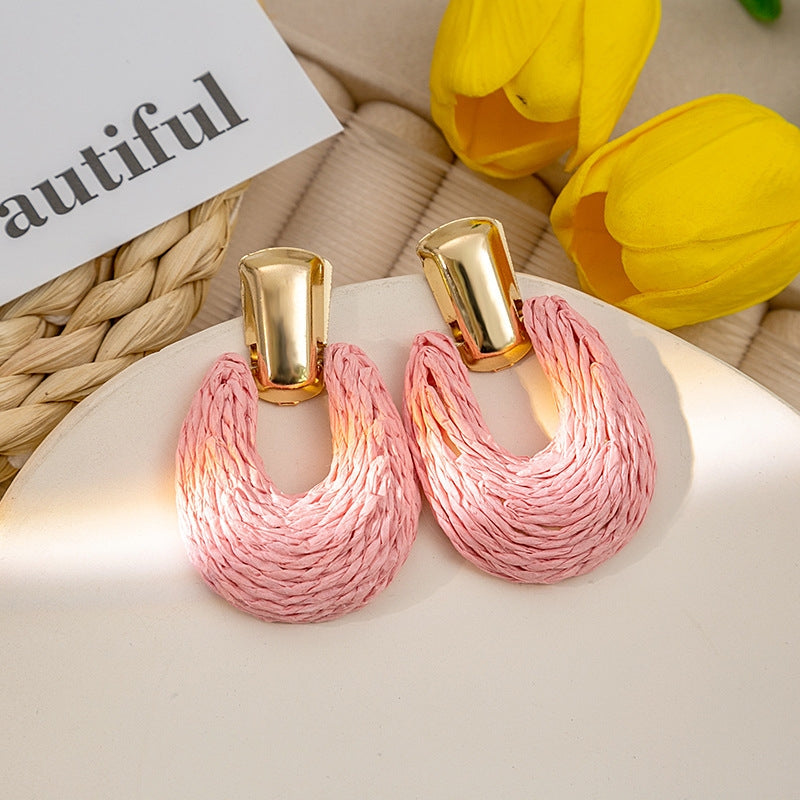 Retro Geometric Raffia Woven Drop Earrings