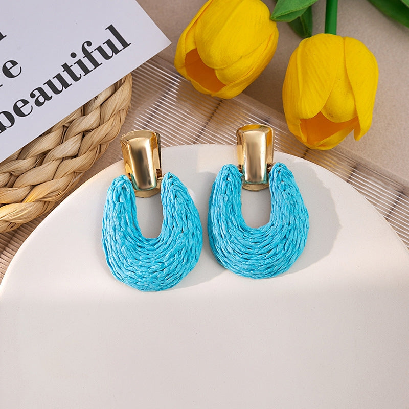 Retro Geometric Raffia Woven Drop Earrings