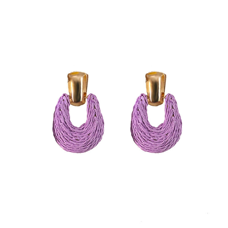 Retro Geometric Raffia Woven Drop Earrings