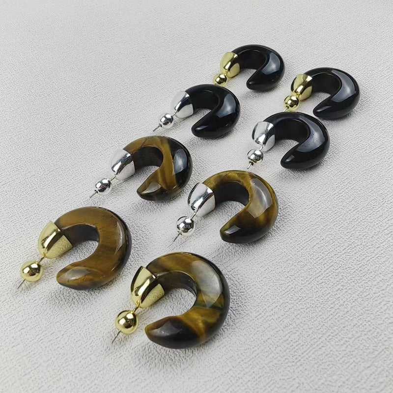 Retro Geometric Agate and Black Onyx Tiger Eye Stud Earrings - Minimalist S925 Silver Needle C-Shaped Design