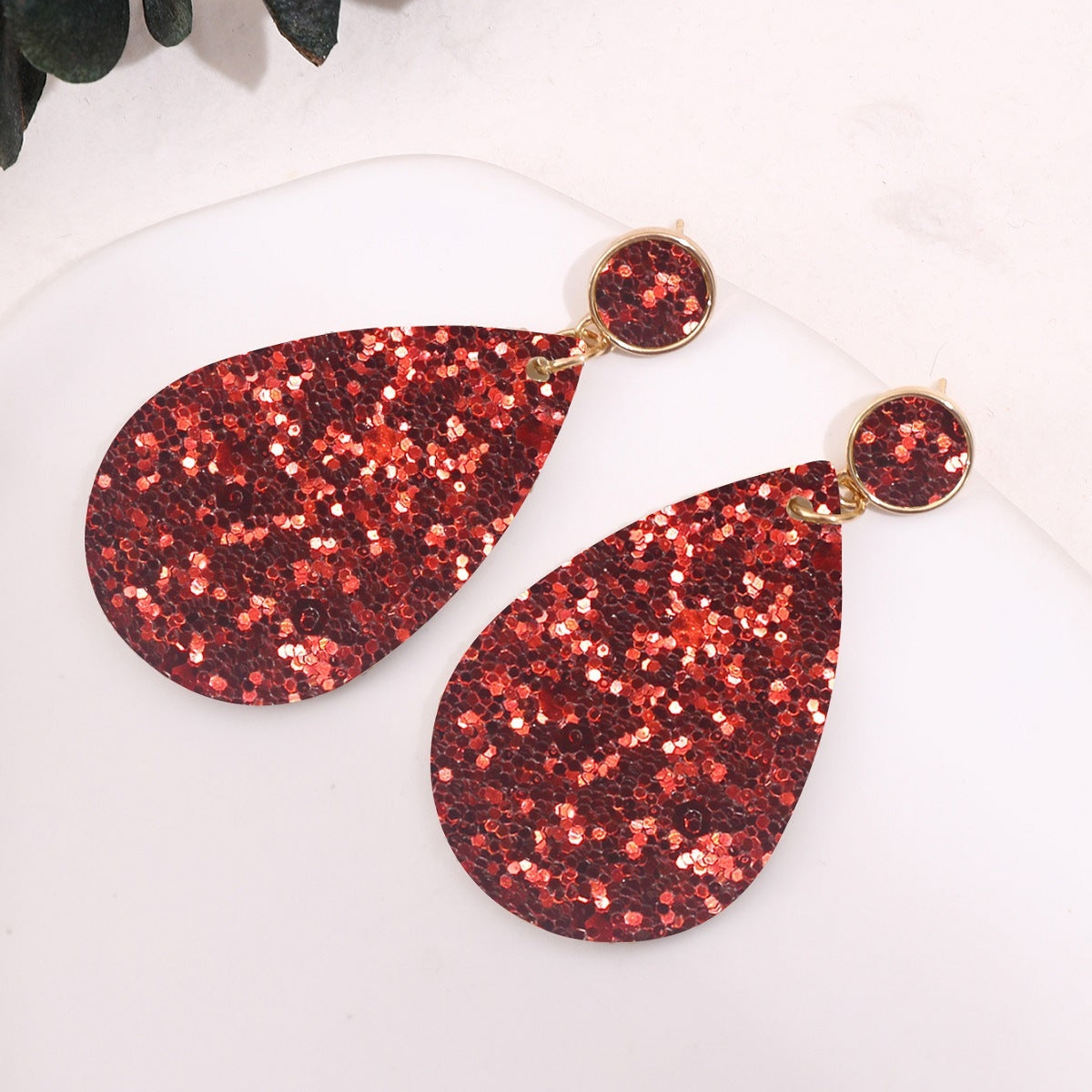 1 Pair Retro Glitter PU Leather Water Droplet Earrings