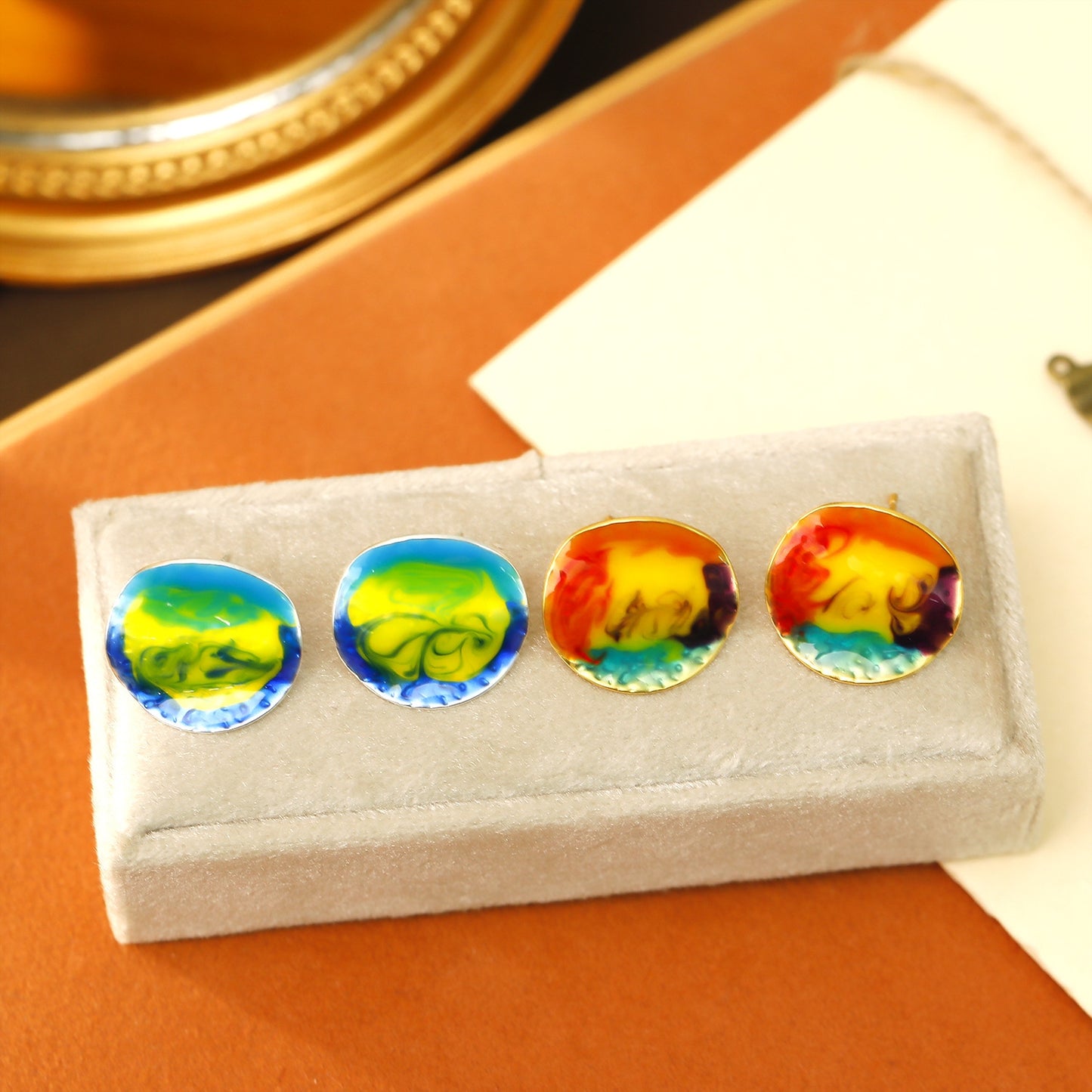 1 Pair Bohemian Geometric Enamel Abstract Design 18K Gold Plated Ear Studs