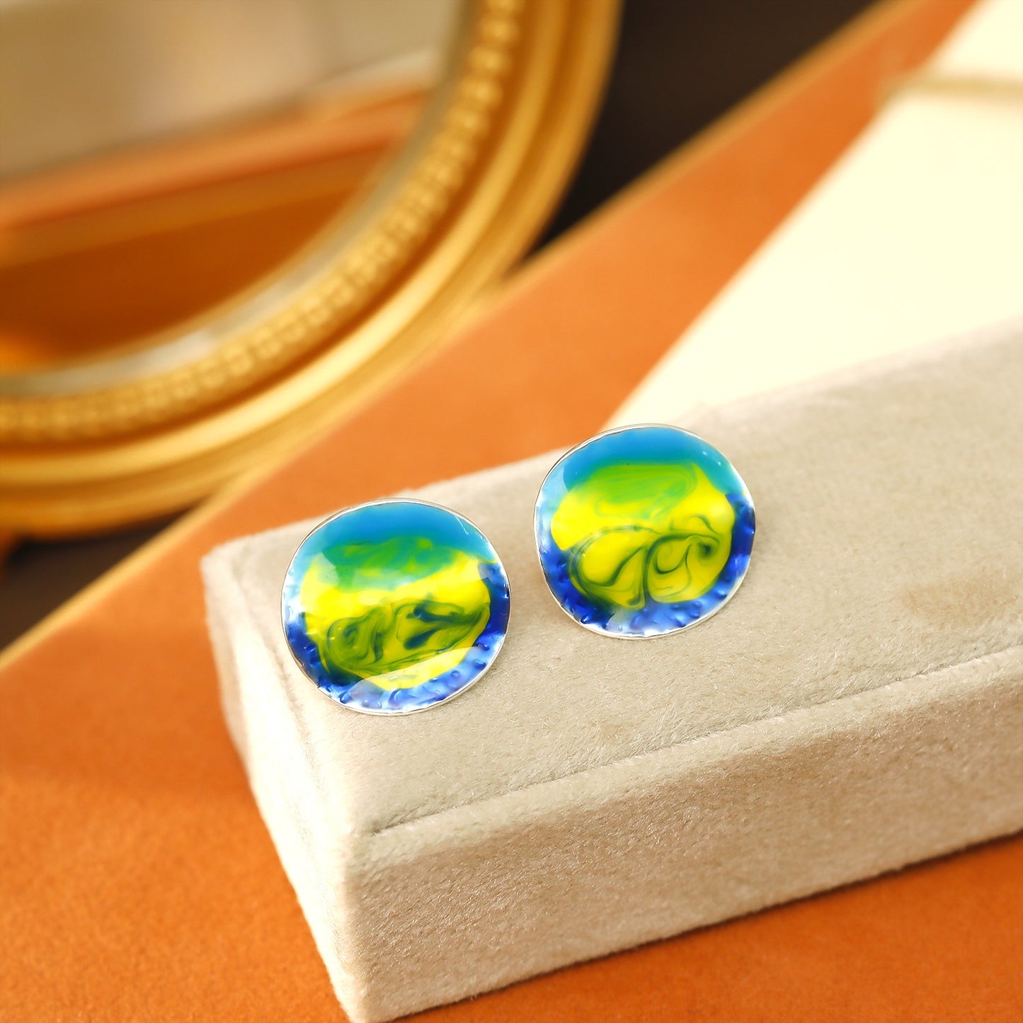 1 Pair Bohemian Geometric Enamel Abstract Design 18K Gold Plated Ear Studs