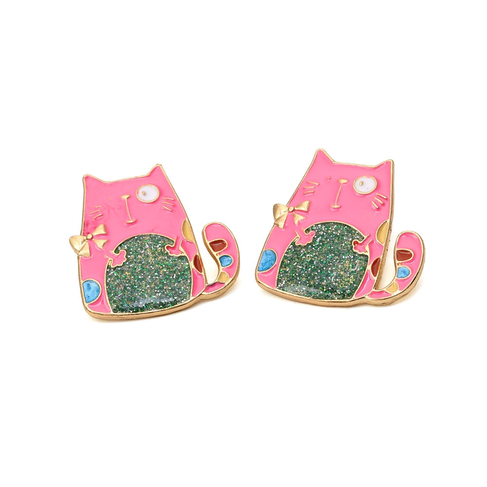 1 Pair Cute Cat Enamel Zinc Alloy Rhinestone Stud Earrings