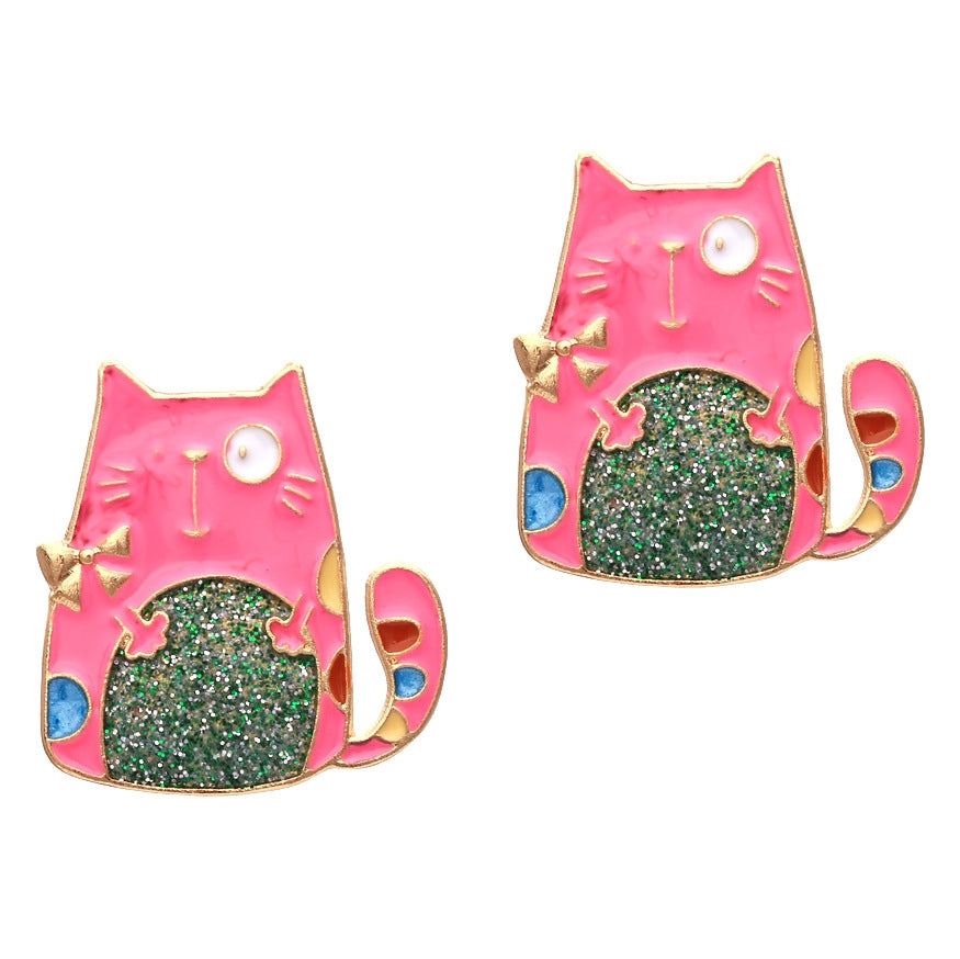 1 Pair Cute Cat Enamel Zinc Alloy Rhinestone Stud Earrings