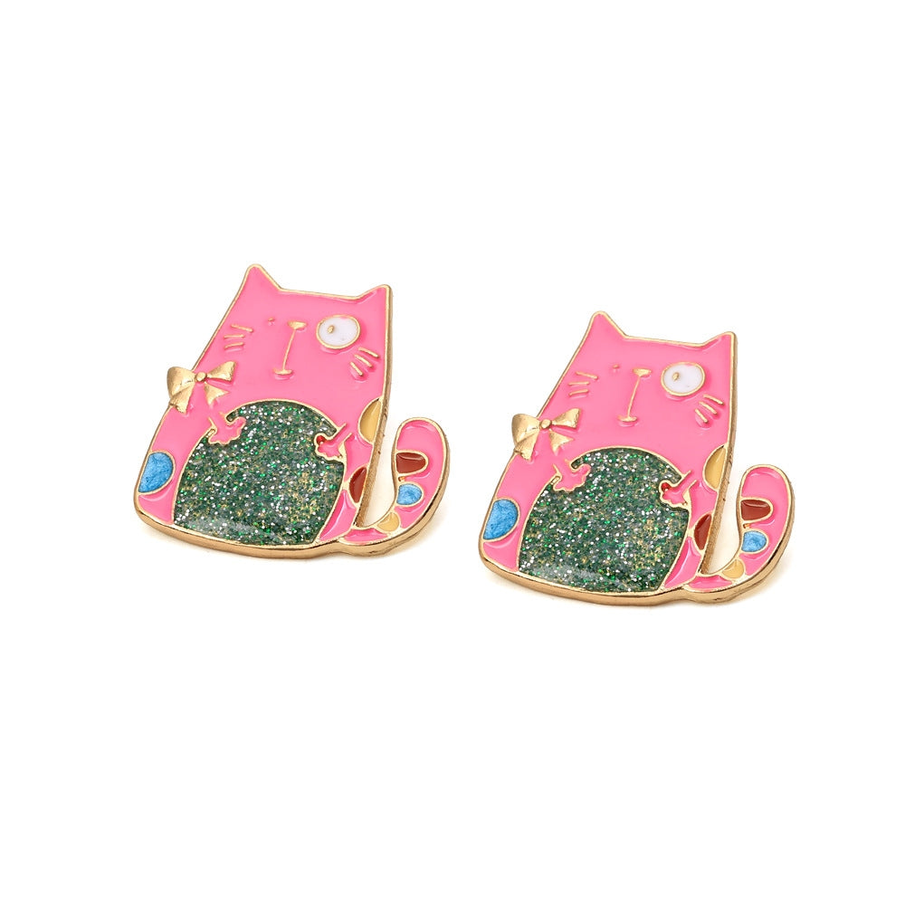 1 Pair Cute Cat Enamel Zinc Alloy Rhinestone Stud Earrings